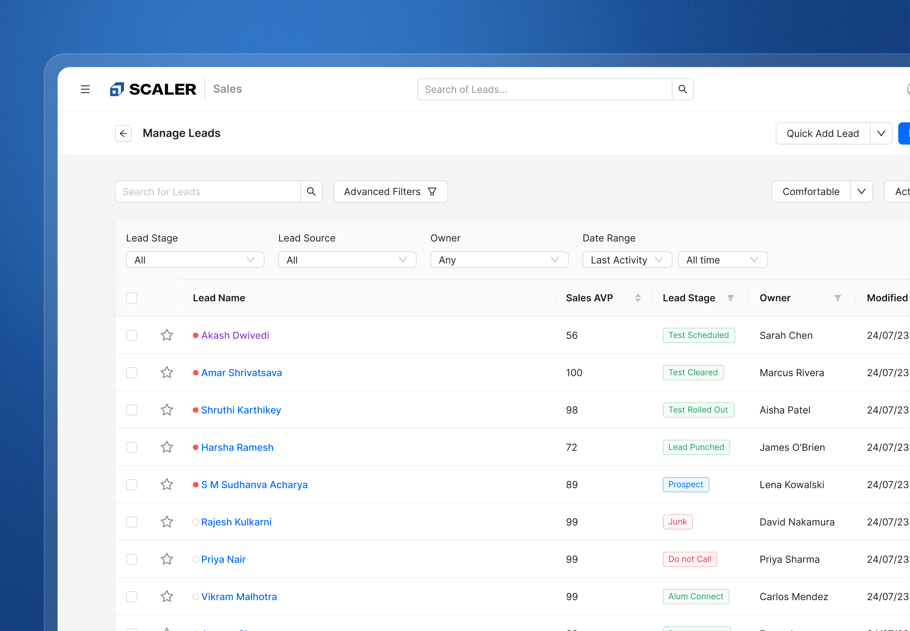 The rebuilt in-house CRM showing the Manage Leads workflow