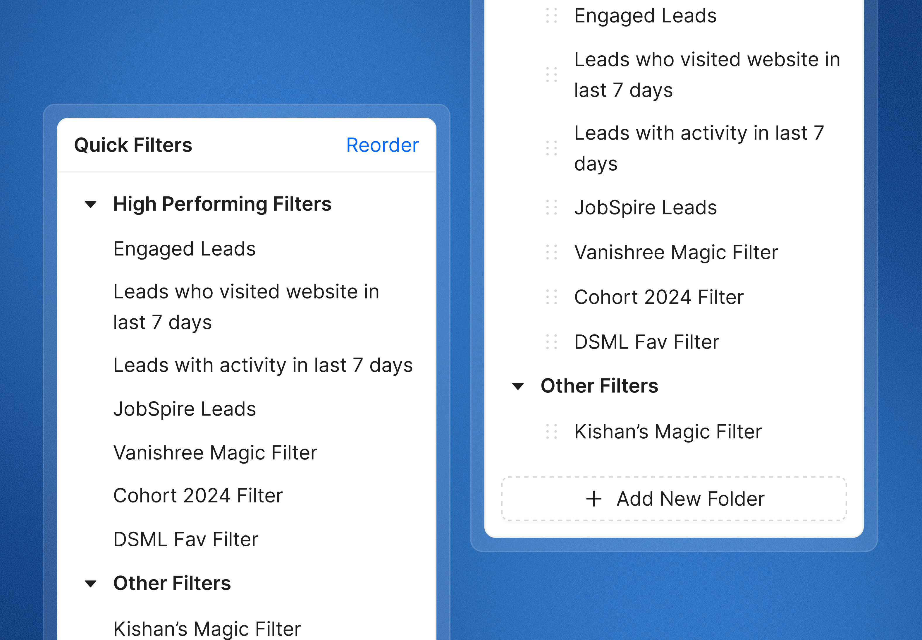 Quick Filters organised into folders with controls to reorder them