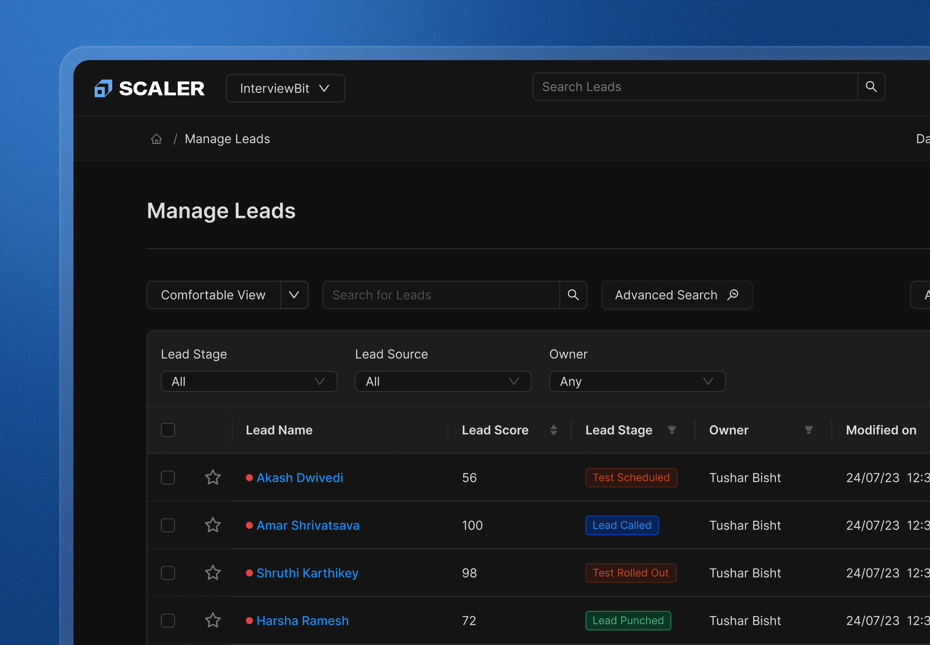 The Manage Leads page shown in dark mode