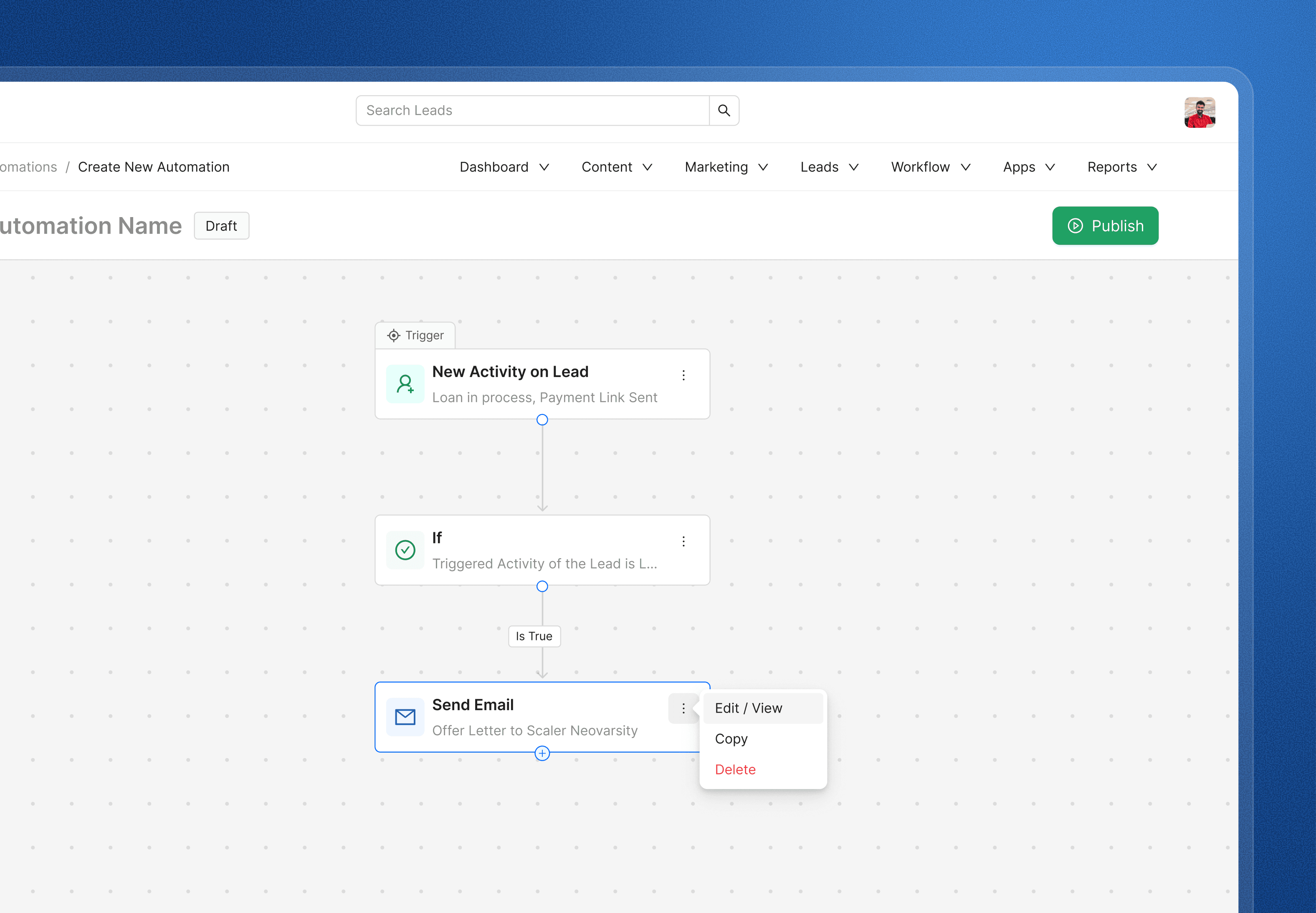 The simplified visual workflow for creating a CRM automation