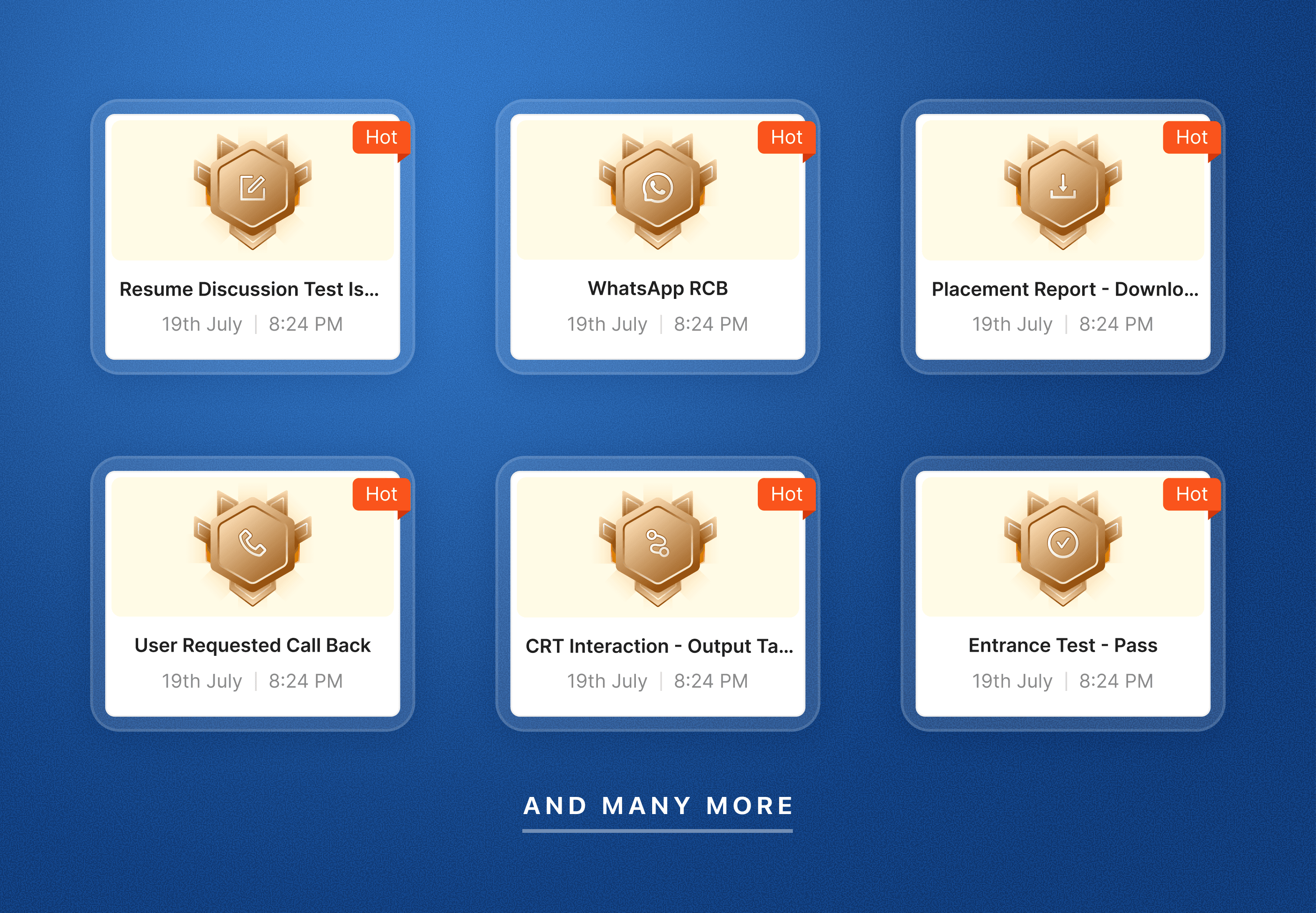 Six Hot Activity cards with gold badges, including Resume Discussion Test Issued, WhatsApp RCB, User Requested Call Back and Entrance Test Pass
