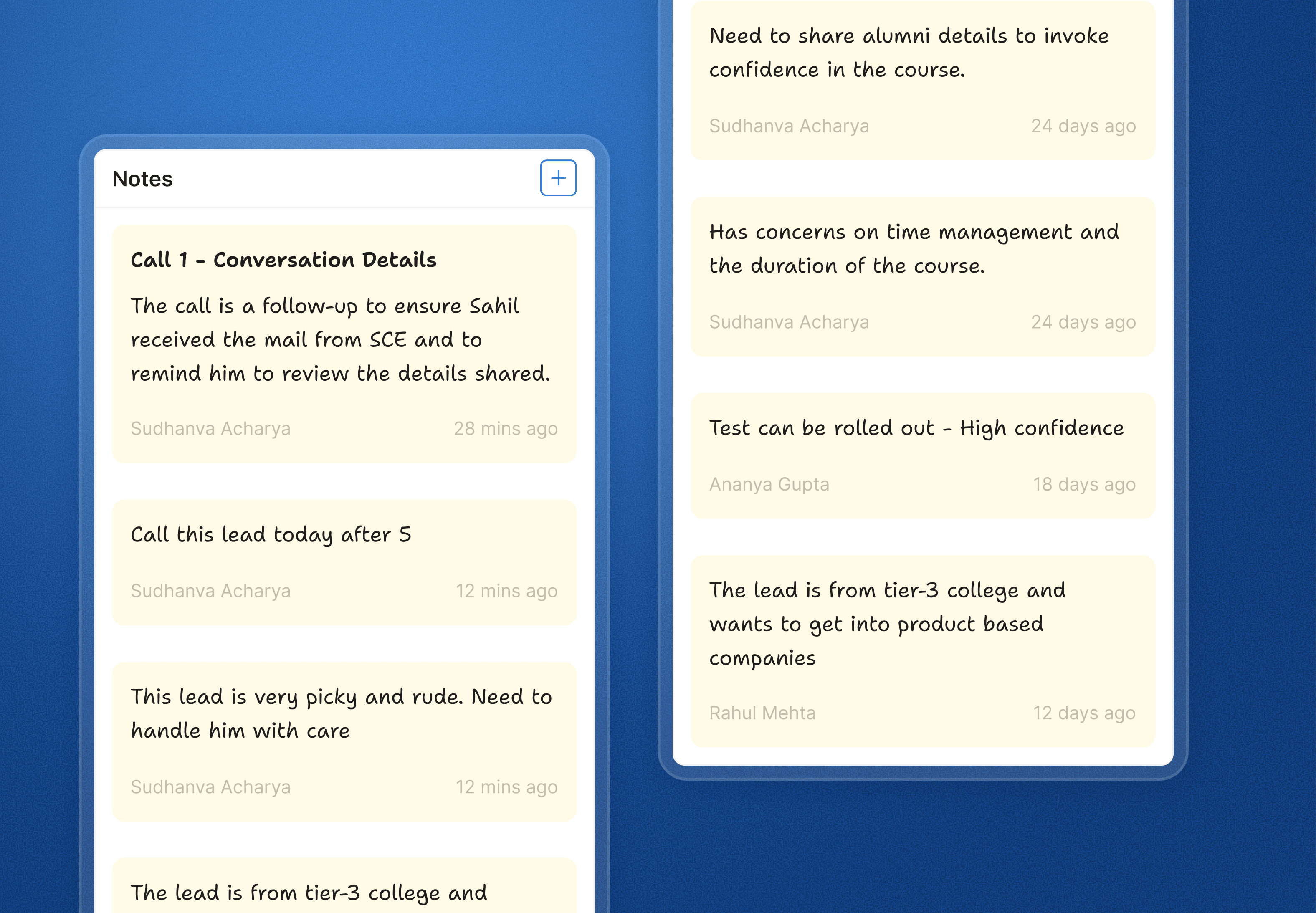 The Notes rail showing call notes styled as yellow sticky notes with author and timestamp