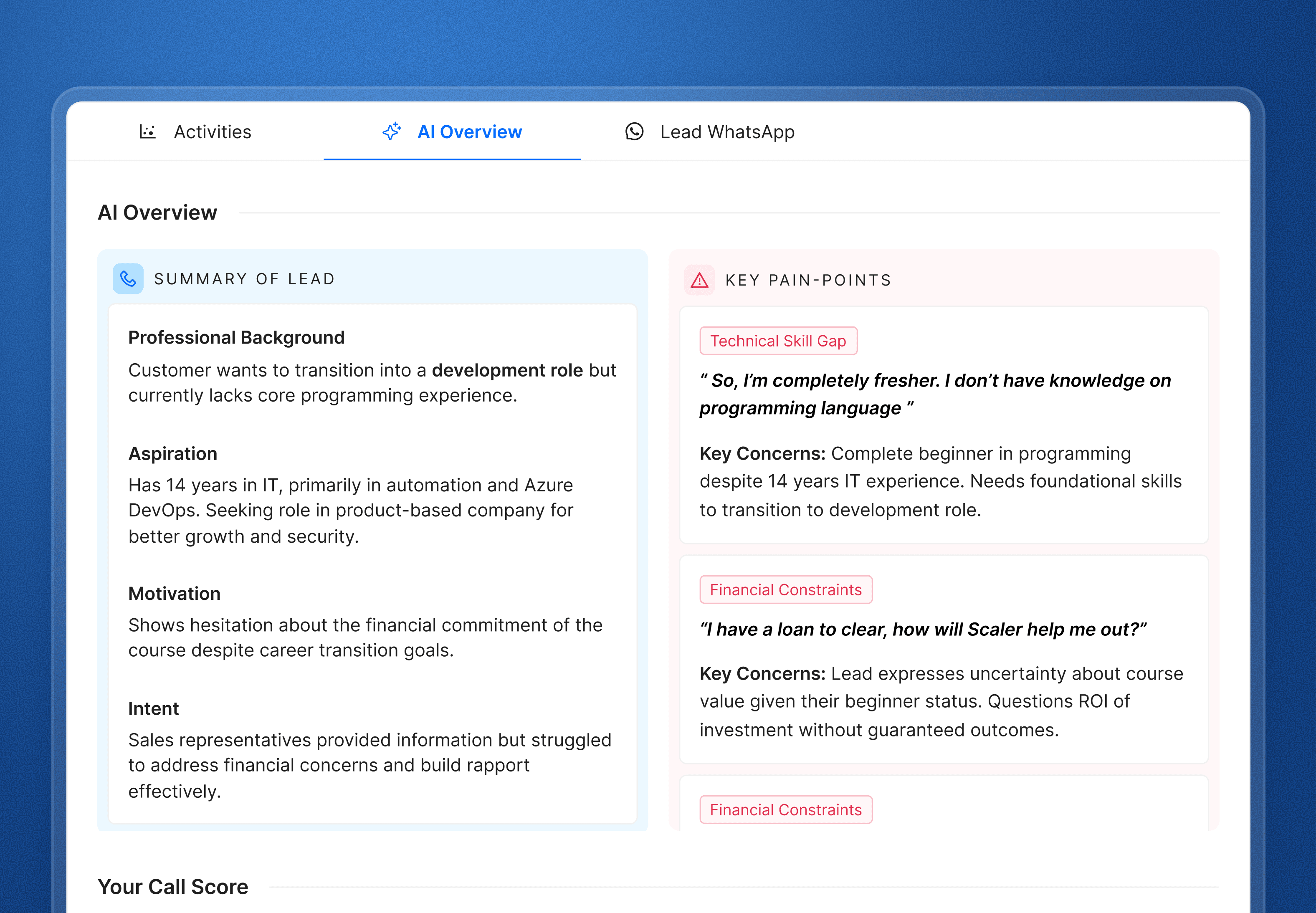 The AI Overview tab showing a lead summary on the left and transcript-derived key pain points on the right