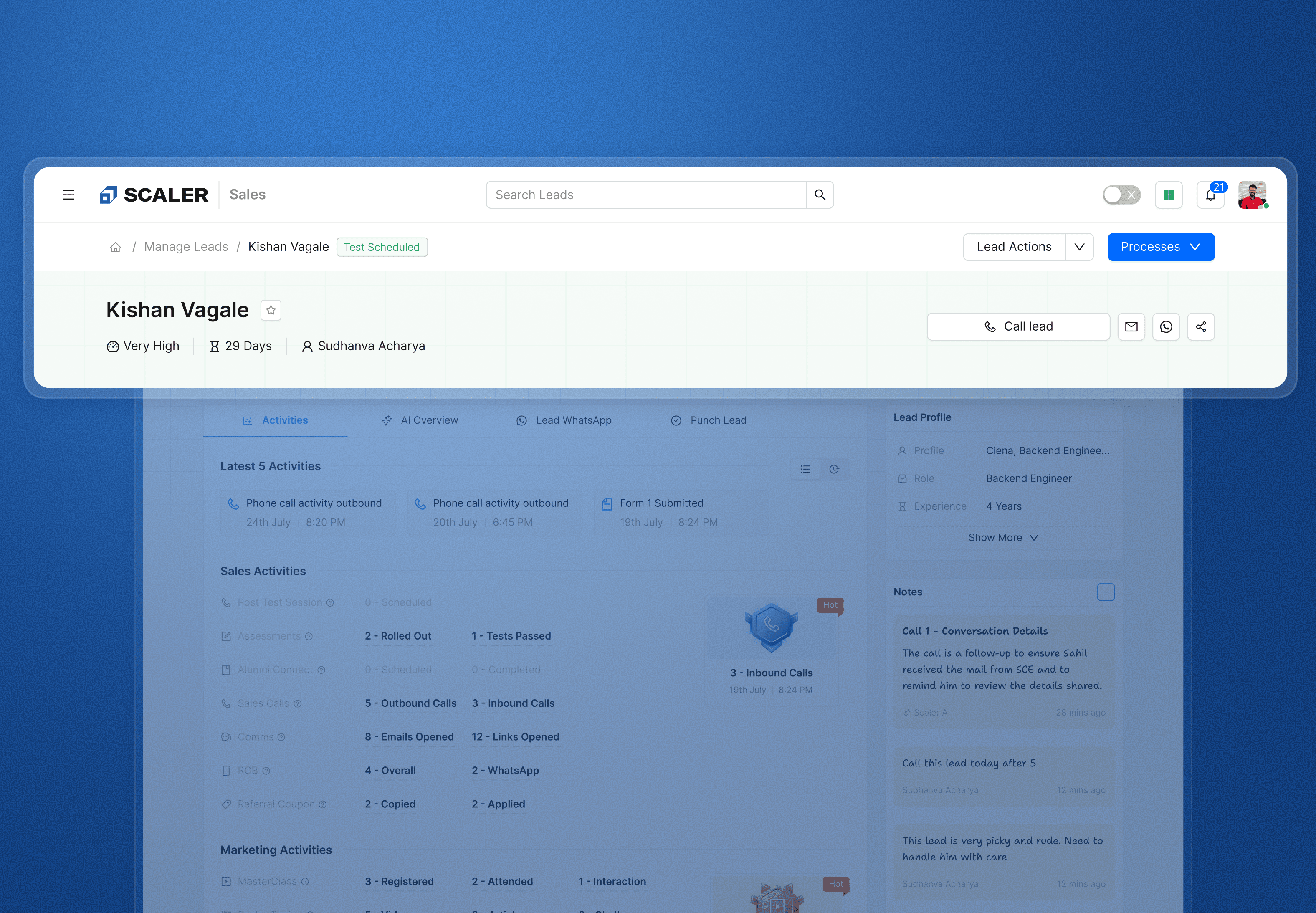 The top of the Lead Details page with Call lead, email, WhatsApp and share actions beside the lead name