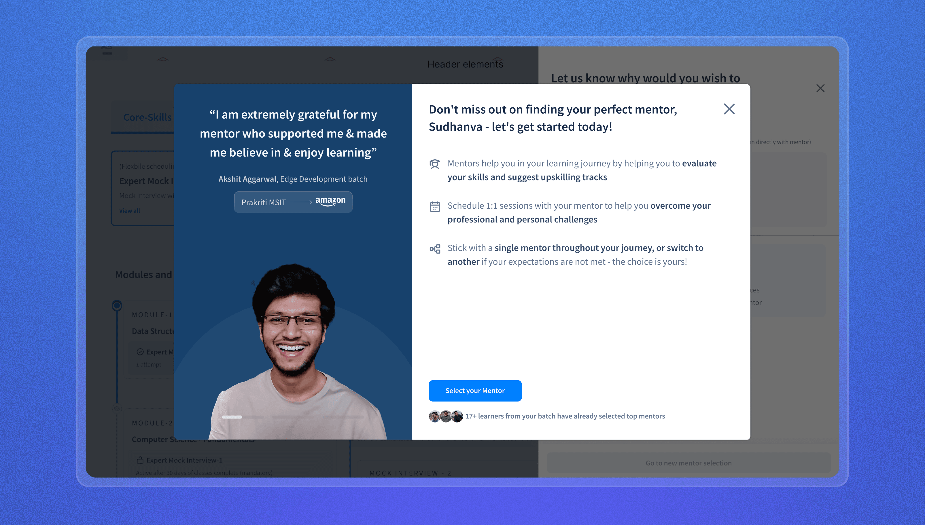 The intro modal, leading with a past learner's testimonial and the company move they made