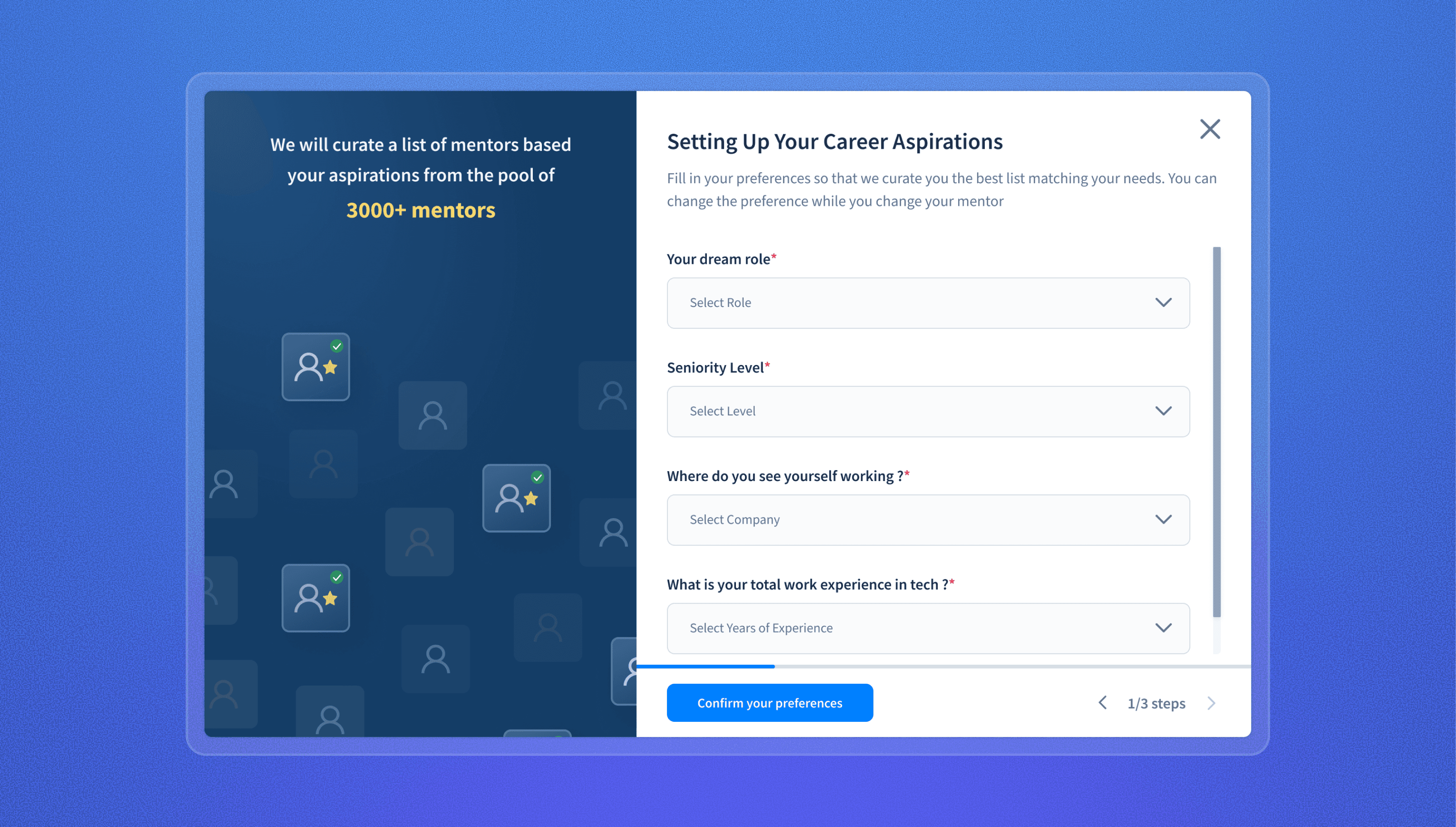 The career aspirations form asking for dream role, seniority, target company and years of experience