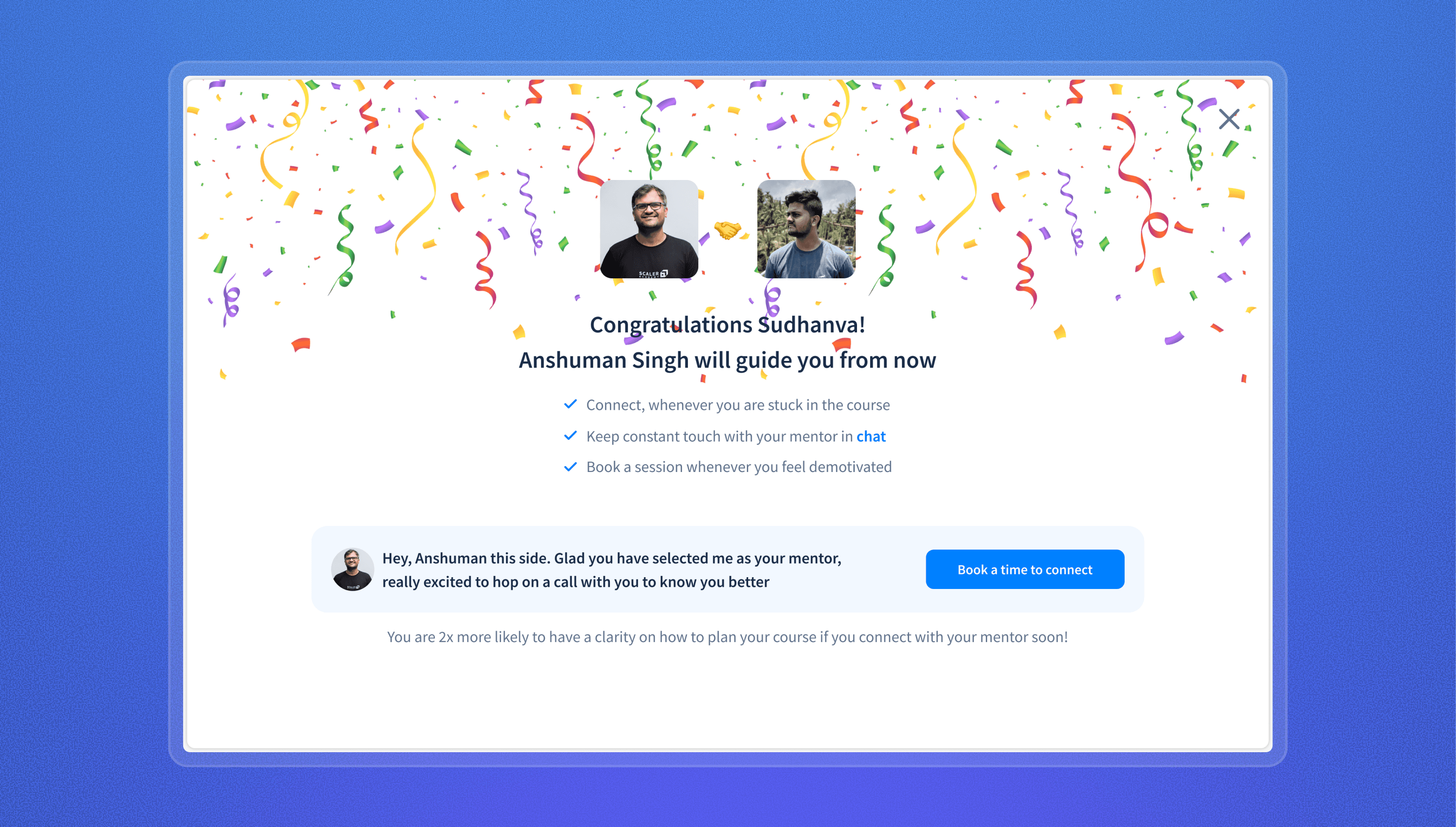 The congratulations screen pairing learner and mentor, with a personal message from the mentor