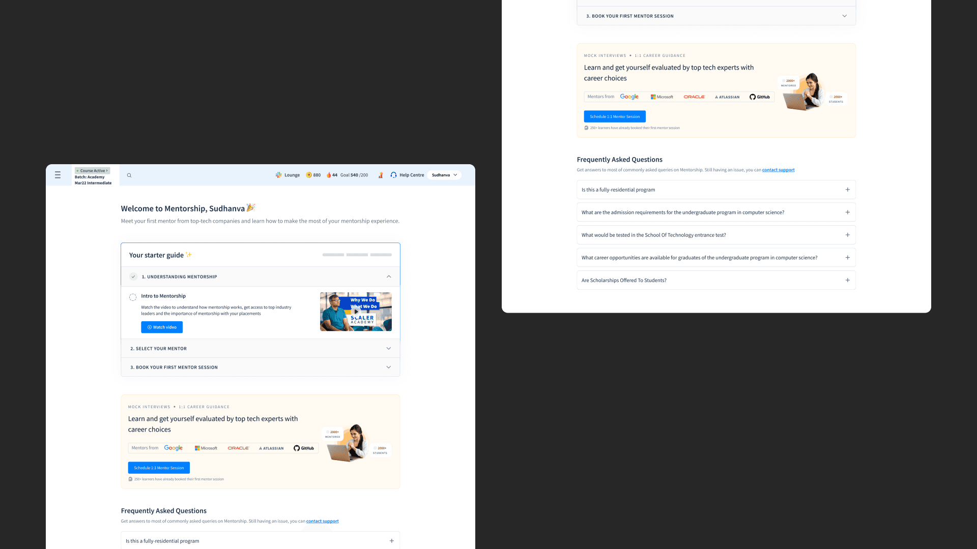 The starter guide direction: a dedicated mentorship page with a three-step checklist
