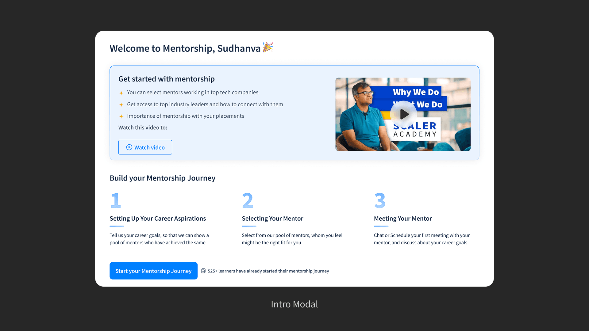 Iteration two: the intro modal over the dashboard