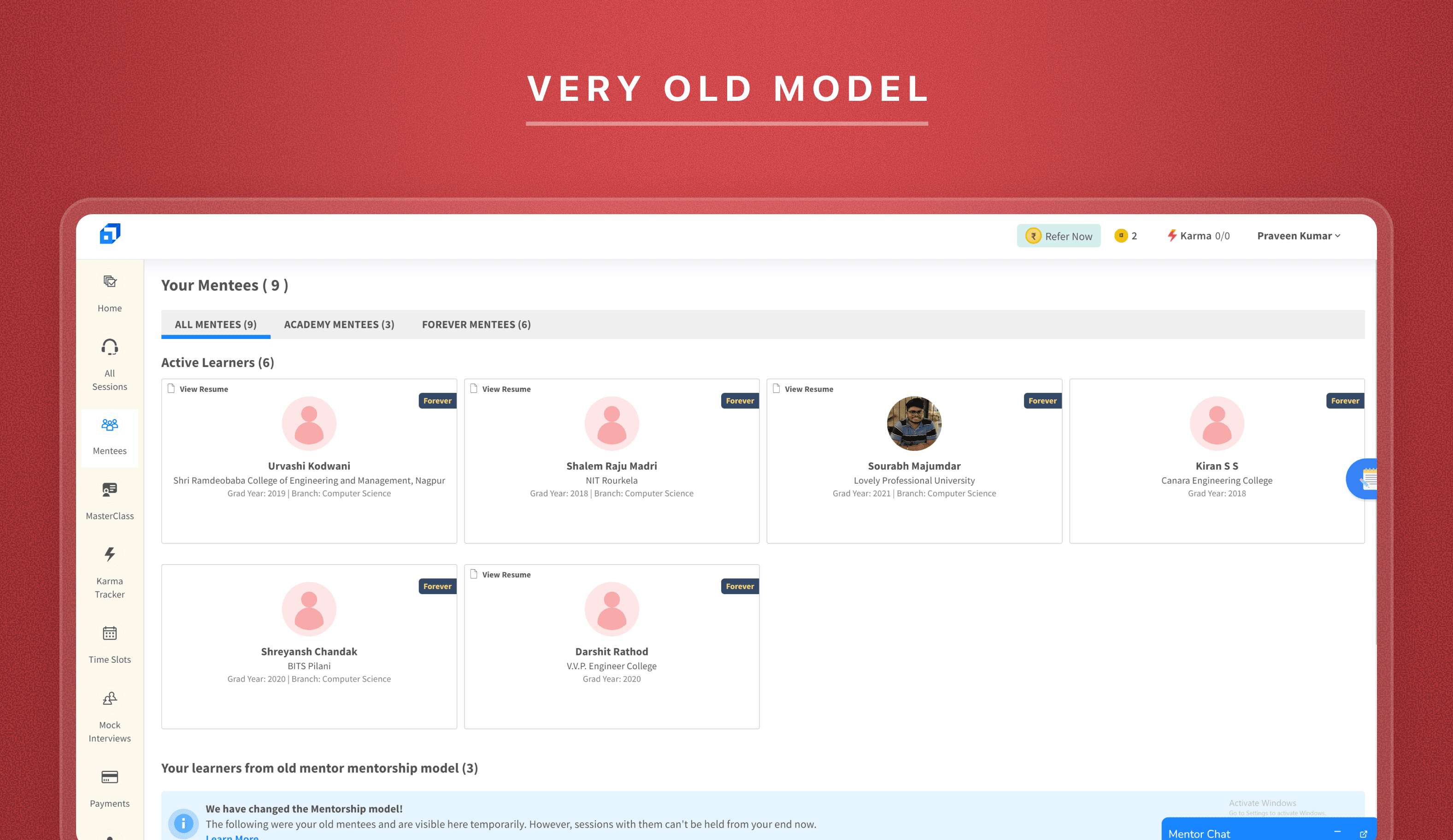 The very old model: a list of mentors shown on the learner dashboard at onboarding