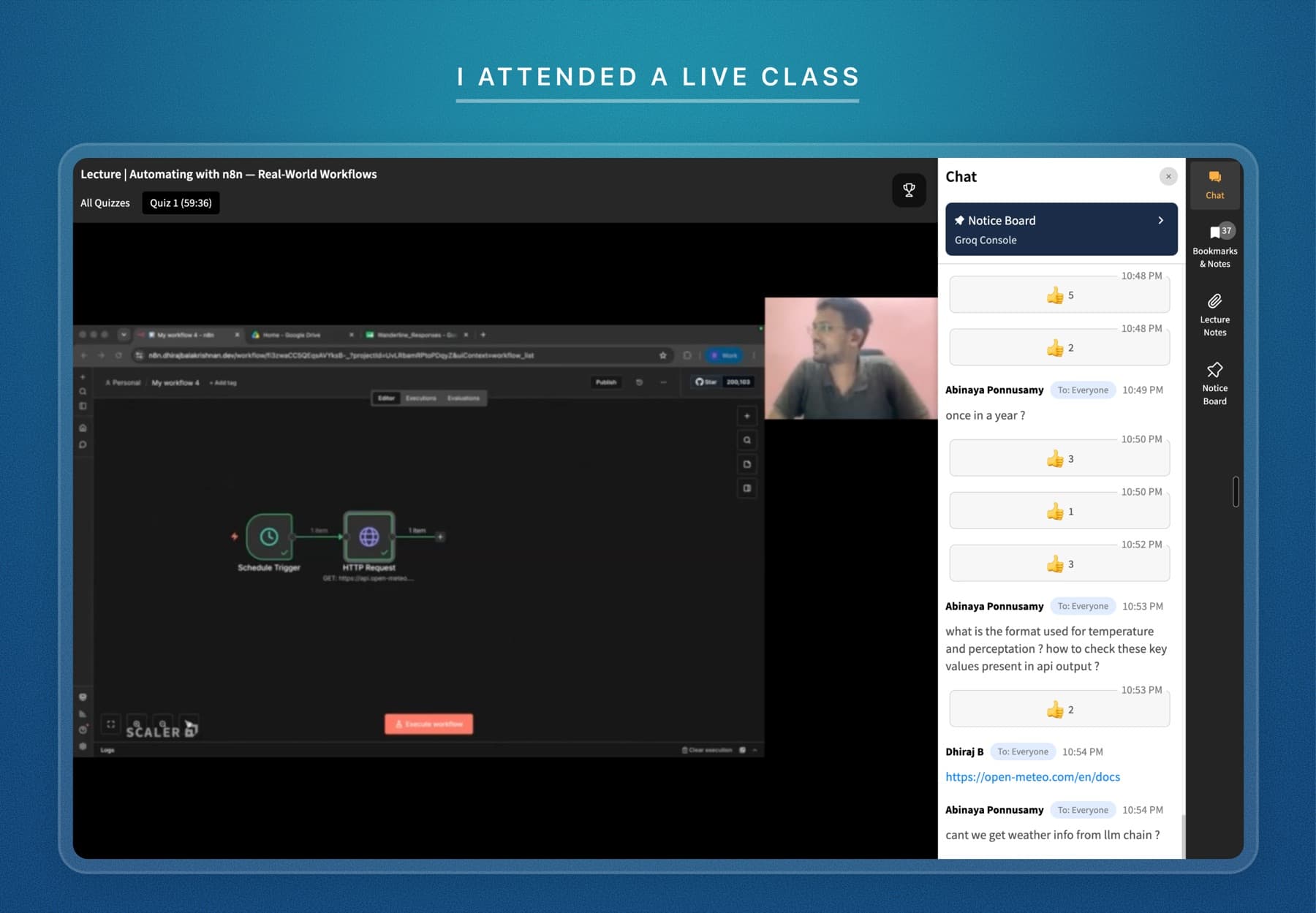 A live Scaler class with the instructor sharing their screen while learners ask questions in chat
