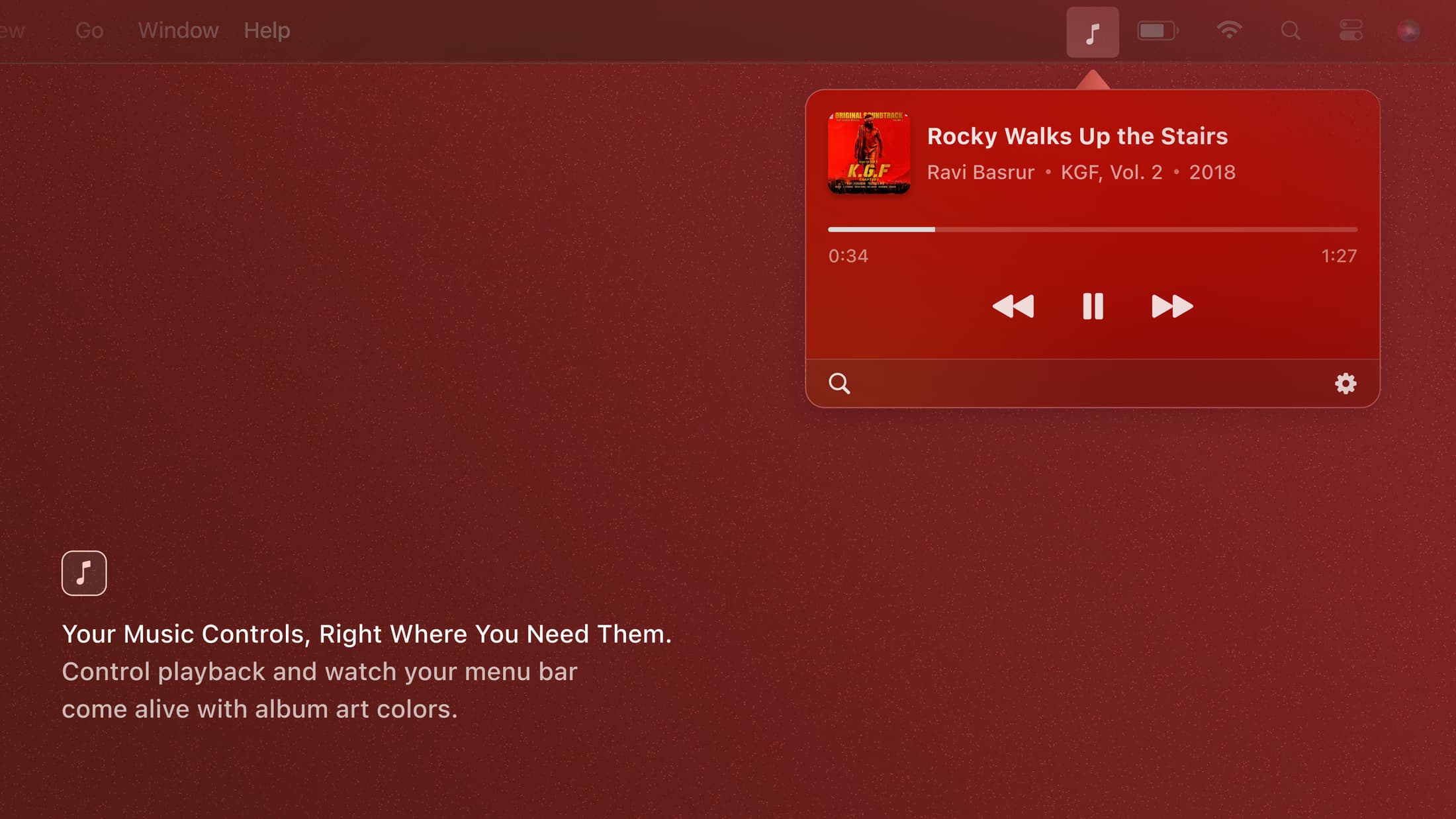 The Drop Beats menu bar player tinted by the current album artwork