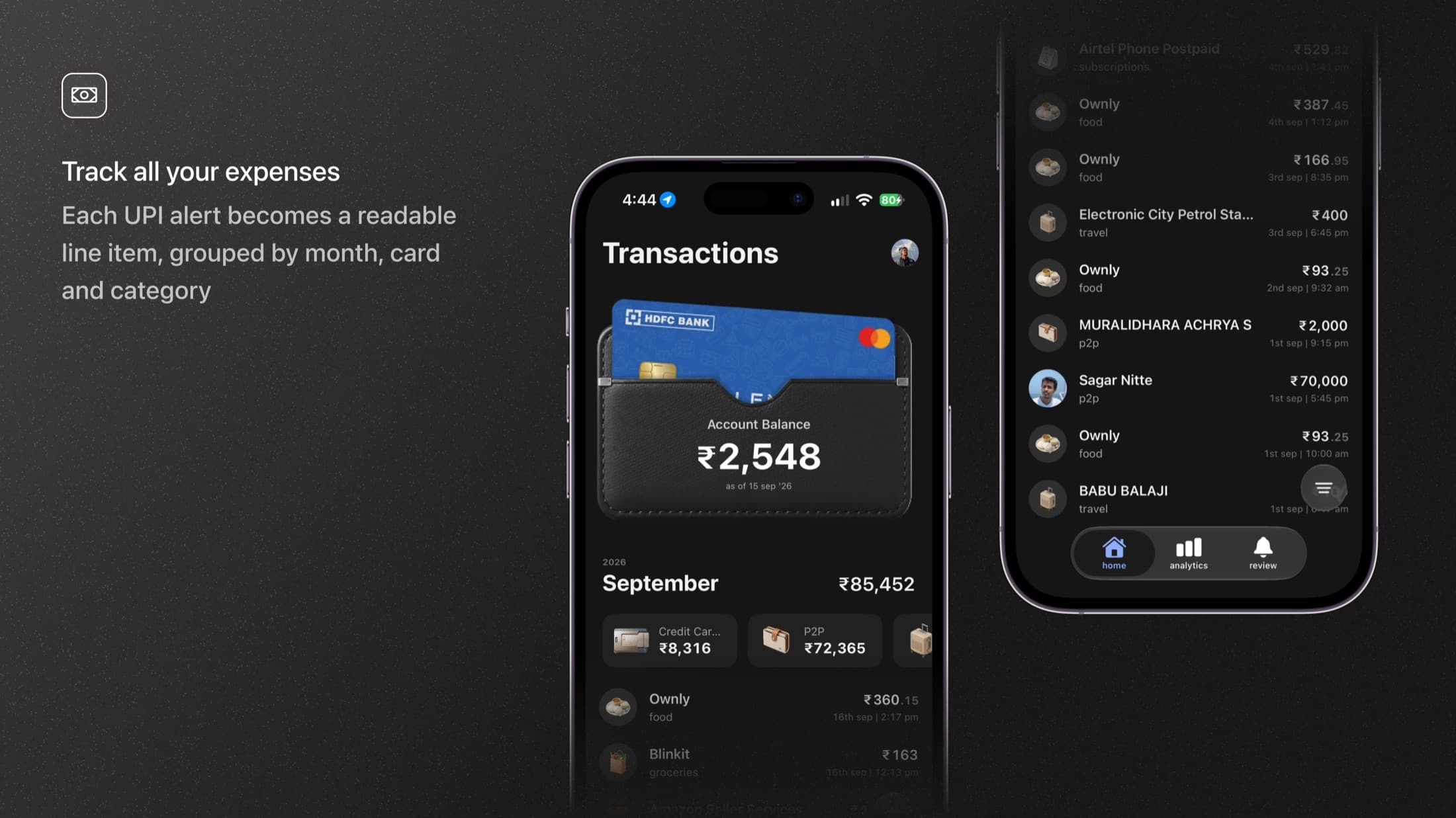 The Transactions screen showing account balance, the monthly total and payments grouped by category